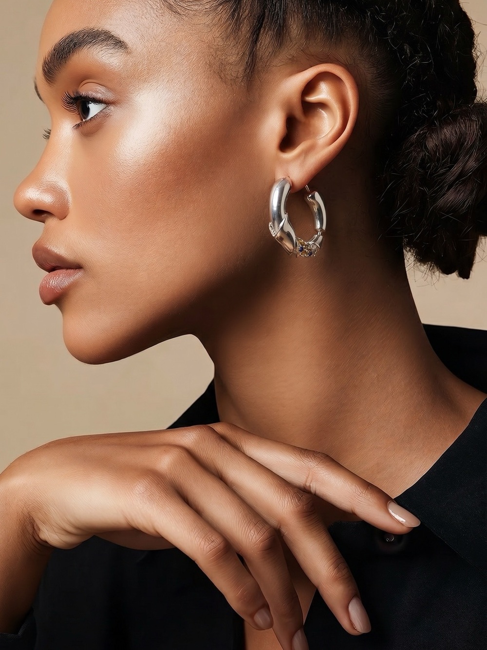 New Silver Hoop Earring with Black and Yellow Stones